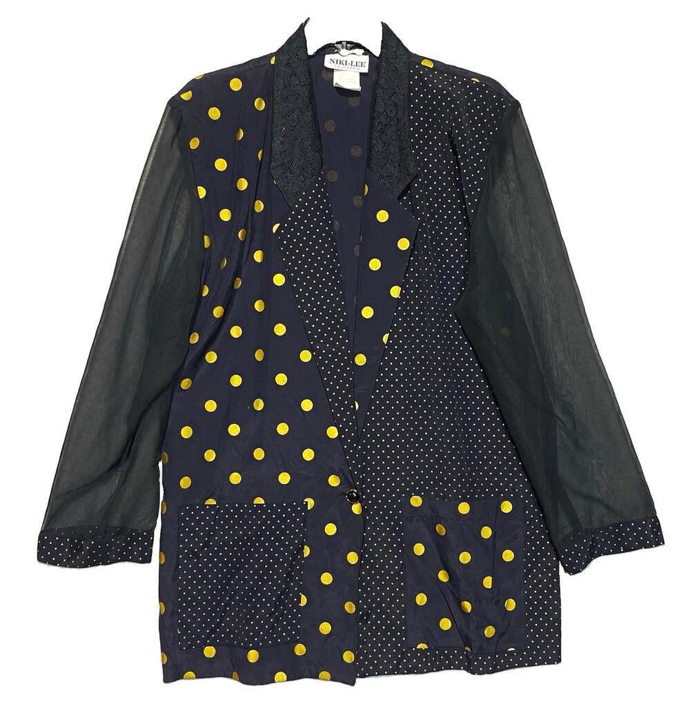 Vintage 80s 90s Black Gold Polka Dot Blazer Maximalist Statement Sheer Lace USA